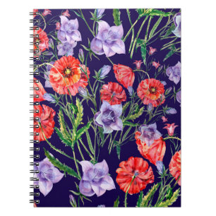 Cuaderno Flor de timbre azul, flor de timbre rosa y pop