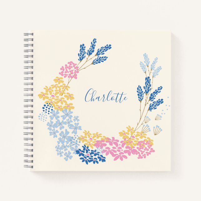 Cuaderno Flor de verano amarillo azul Wreath personalizada (Anverso)