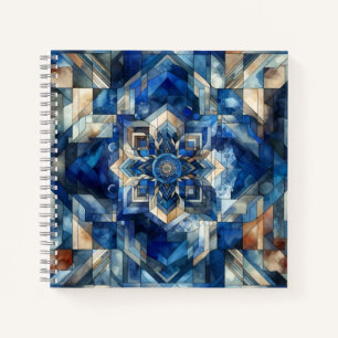 Cuaderno Flor de vidrio manchado azul acuarela geométrica