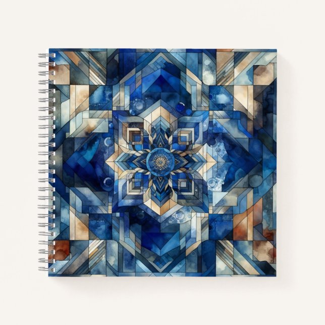 Cuaderno Flor de vidrio manchado azul acuarela geométrica (Anverso)