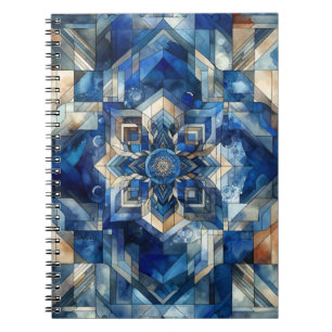 Cuaderno Flor de vidrio manchado azul acuarela geométrica