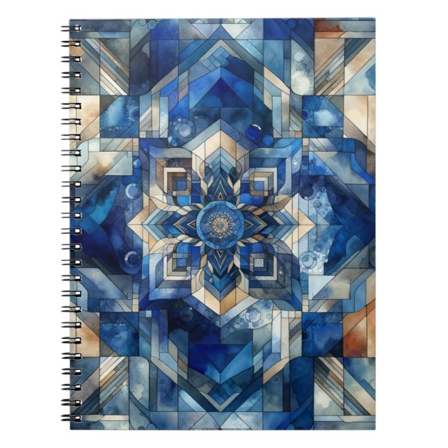 Cuaderno Flor de vidrio manchado azul acuarela geométrica (Frente)