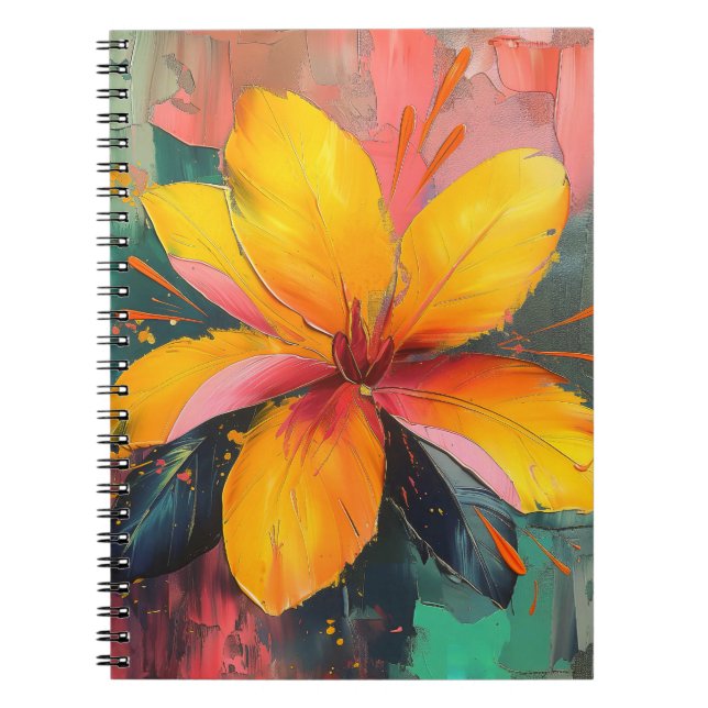 Cuaderno Flor dorada: expresión floral abstracta vibrante (Frente)