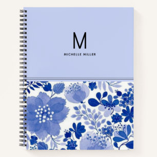 Cuaderno Flor floral en tonos azules monograma estilizado
