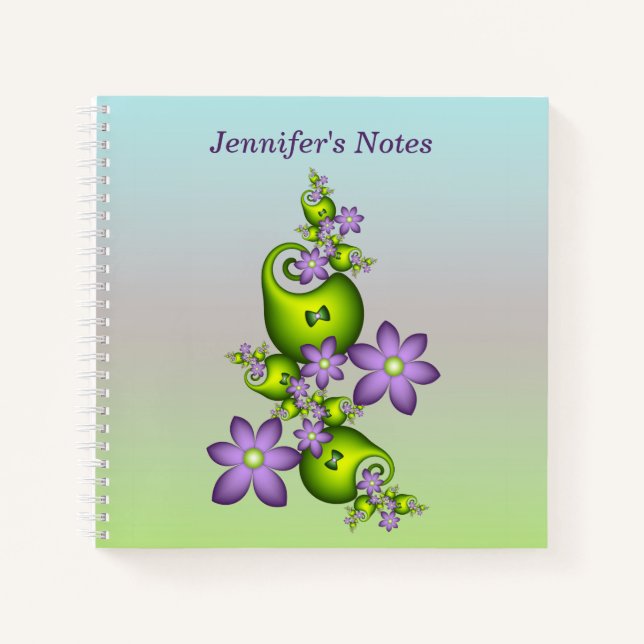 Cuaderno Flor Floral Fantasía Lilac Flores verdes Fractal N (Anverso)
