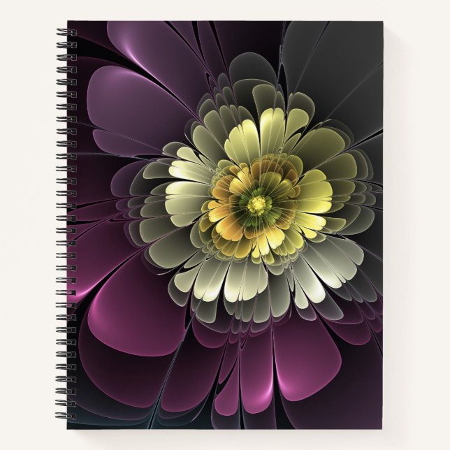 Cuaderno Flor Fractal Gris Purpura Moderna Abstracta (Anverso)