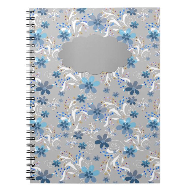 Cuaderno Flor gris , retro , gris , azul , elegante (Frente)