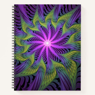 Cuaderno Flor moderna abstracta fractal arte verde púrpura