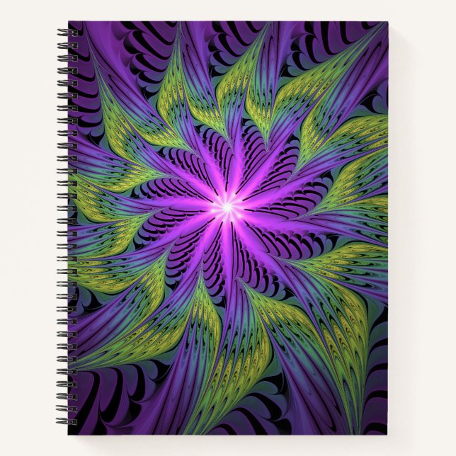 Cuaderno Flor moderna abstracta fractal arte verde púrpura (Anverso)