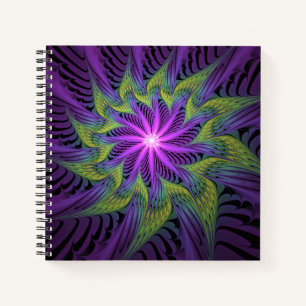 Cuaderno Flor moderna abstracta fractal arte verde púrpura