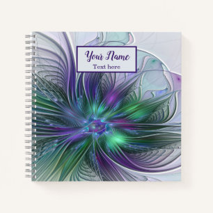 Cuaderno Flor Moderna Abstracta Fractal Nombre Púrpura Verd