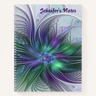 Cuaderno Flor Moderna Abstracta Fractal Nombre Púrpura Verd