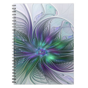 Cuaderno Flor moderna abstracta fractal verde morado