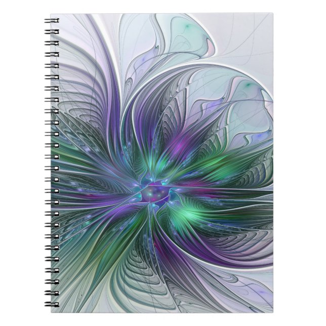 Cuaderno Flor moderna abstracta fractal verde morado (Frente)
