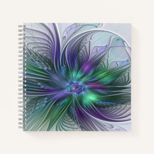 Cuaderno Flor moderna abstracta fractal verde morado