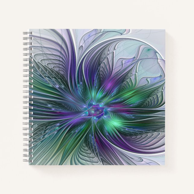 Cuaderno Flor moderna abstracta fractal verde morado (Anverso)