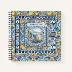Cuaderno Flor Monograma Italiano de Verano en Baldosa Azul