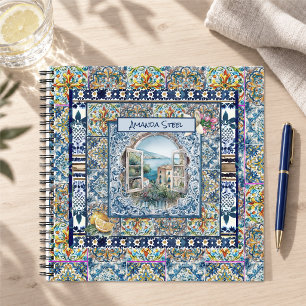Cuaderno Flor Monograma Italiano de Verano en Baldosa Azul