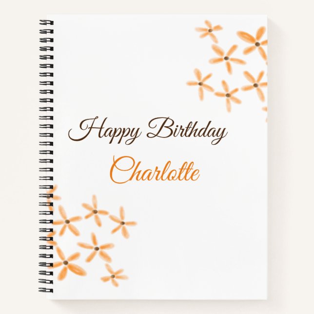 Cuaderno flor naranja marrón feliz cumpleaños agregar nombr (Anverso)