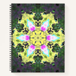Cuaderno Flor psicodélica caleidoscópica amarillo y rosa