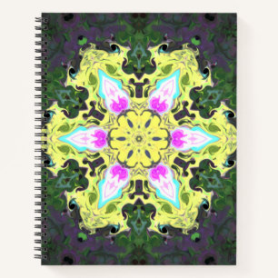 Cuaderno Flor psicodélica caleidoscópica amarillo y rosa