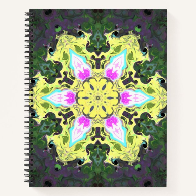 Cuaderno Flor psicodélica caleidoscópica amarillo y rosa (Anverso)