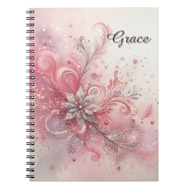 Cuaderno Flor Purpurina rosada de color plateado personaliz (Frente)