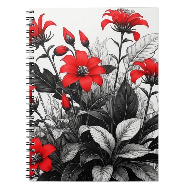 Cuaderno Flor Roja Sobre La Planta Blanca Negra (Frente)