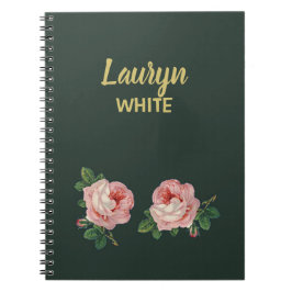 Cuaderno Flor rosa y hojas en verde oscuro