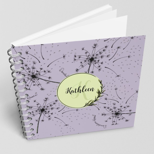 Cuaderno Flor Silvestre Morada Delicada Besos de Diente de  (Beautiful hand-drawn Dandelion blowing kisses into the wind (tiny hearts). Choose lined/blank pages)