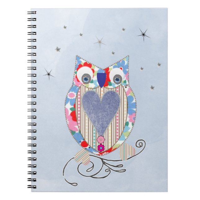 Cuaderno Flor suave azul rosa rosa brillante imagen de búho (Frente)