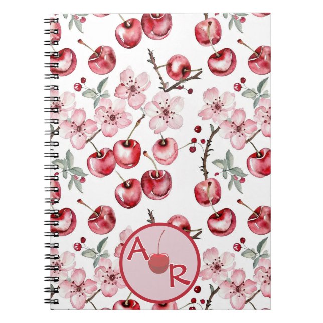 Cuaderno Flor y monograma de cerezo personalizados (Frente)