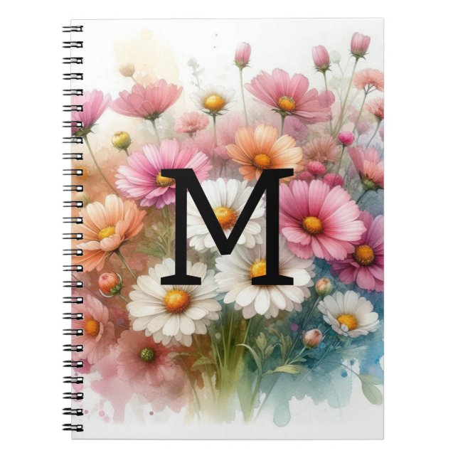 Cuaderno Flora acuarela floral monograma dásidos rosados fl (Frente)
