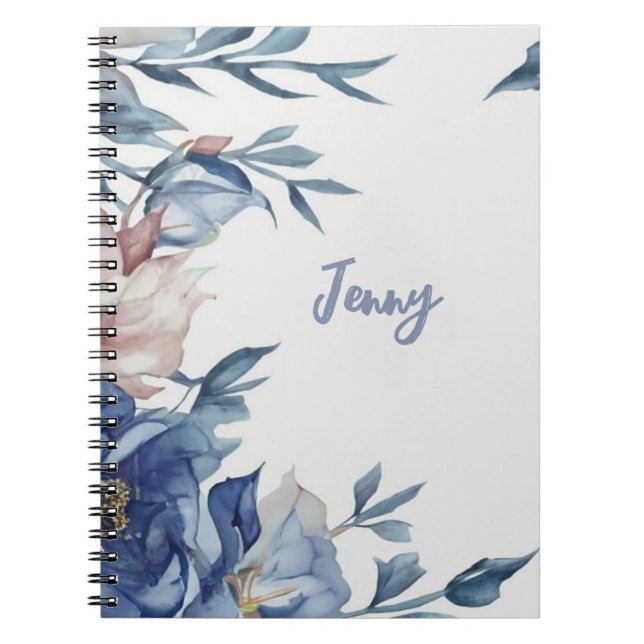 Cuaderno Flora azul de color de agua suave (Frente)