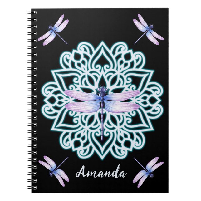 Cuaderno Flora azul morada personalizada Mandala Black (Frente)