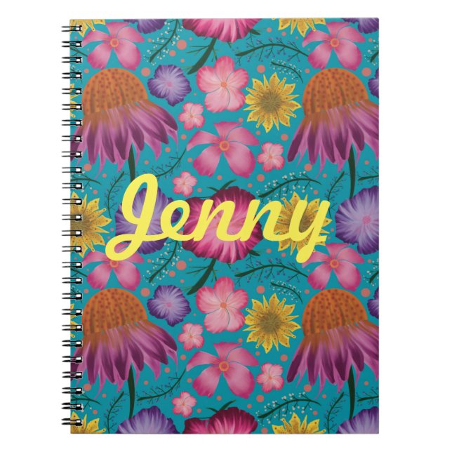 Cuaderno Flora de flores silvestres turquesa personalizada (Frente)