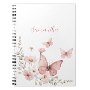 Cuaderno Flora de mariposa rosa personalizada
