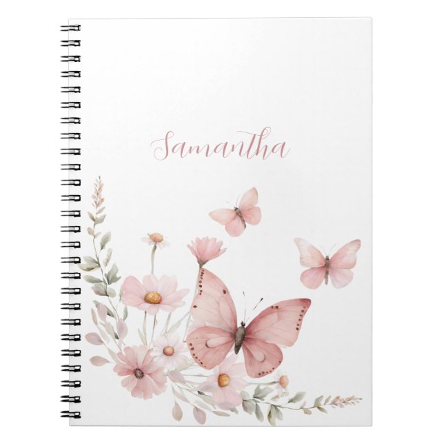 Cuaderno Flora de mariposa rosa personalizada (Frente)