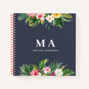 Cuaderno Flora tropical botánica floral azul marino follaj