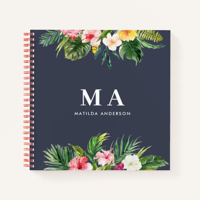 Cuaderno Flora tropical botánica floral azul marino follaje (Anverso)