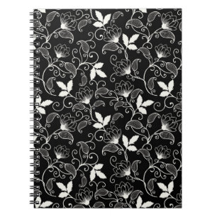 Cuaderno Floral abstracta blanca sobre fondo negro