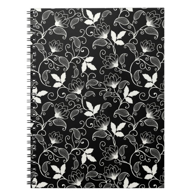 Cuaderno Floral abstracta blanca sobre fondo negro (Frente)