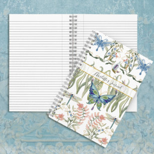 Cuaderno Floral acuarela azul y mariposa rosa Journal