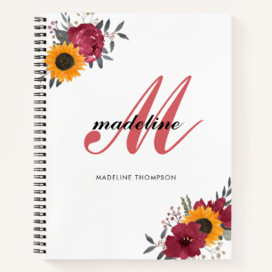 Cuaderno Floral acuarela girasol Borgoña Monograma