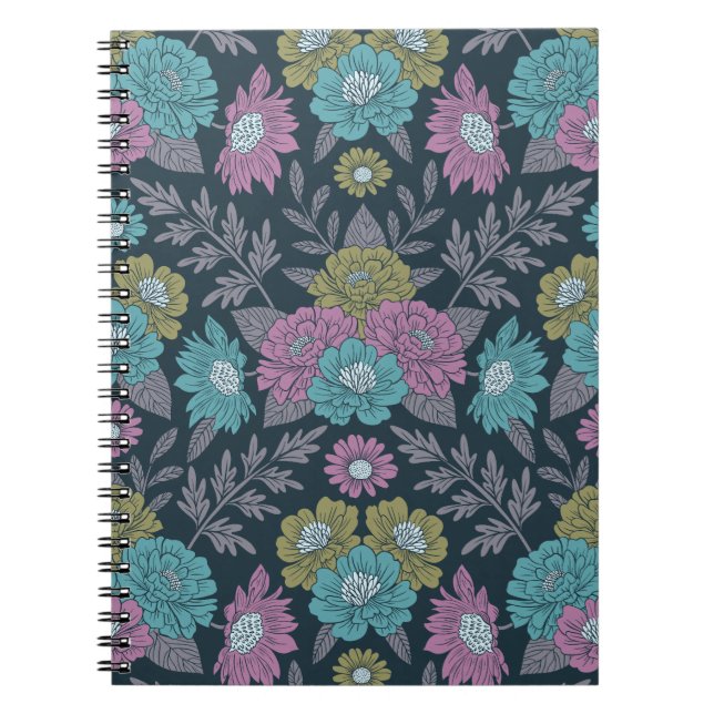 Cuaderno Floral azul oscuro, verde y púrpura (Frente)