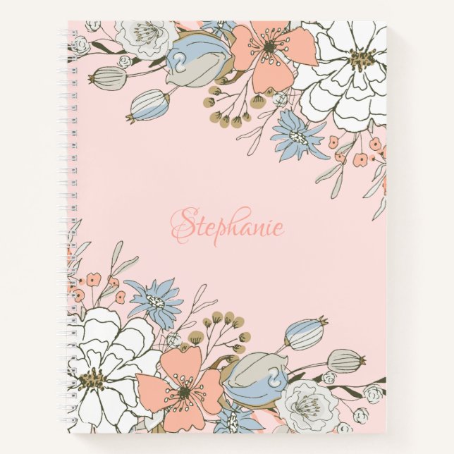 Cuaderno Floral azul rosa Rubor personalizada (Anverso)