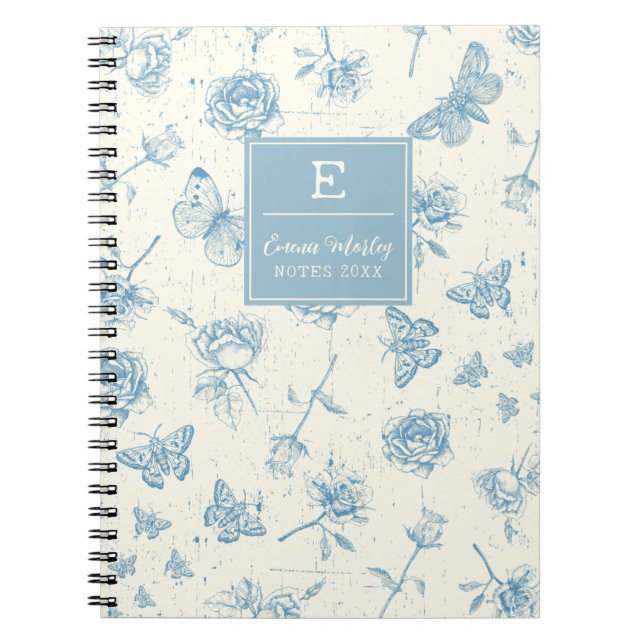 Cuaderno Floral azul vintage monogramada personalizada (Frente)