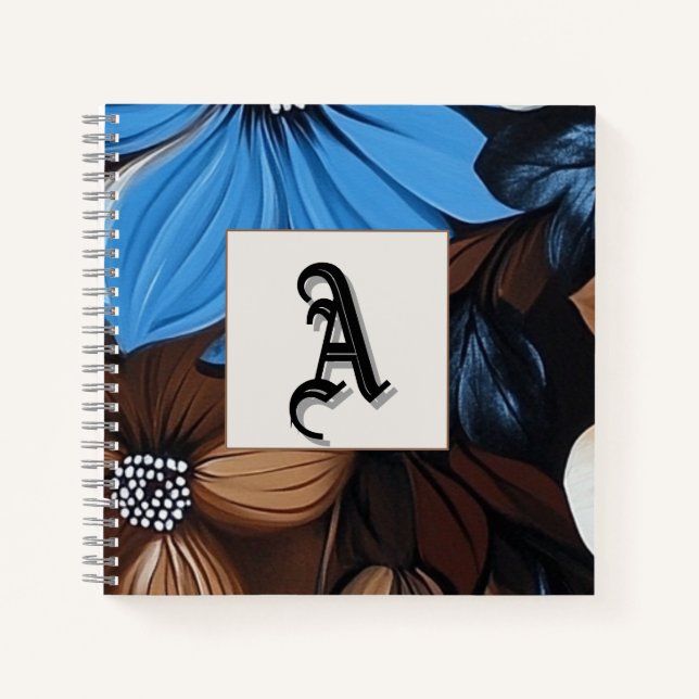 Cuaderno Floral azul y chocolate - Monograma personalizado (Anverso)