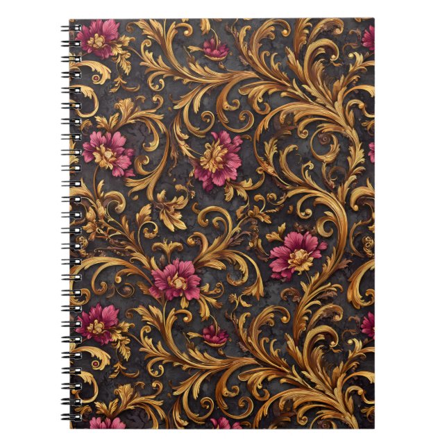 Cuaderno Floral Barroco Oscuro con Roleos de Oro (Frente)