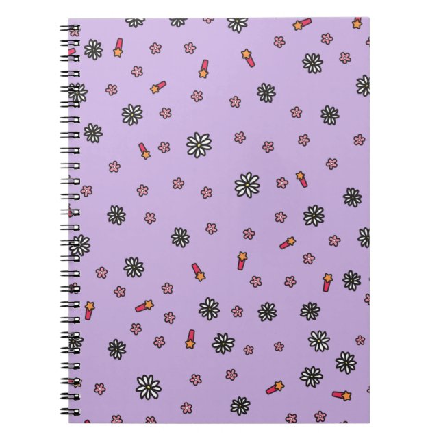 Cuaderno Floral blanca y rosa suave con estrellas moradas (Frente)